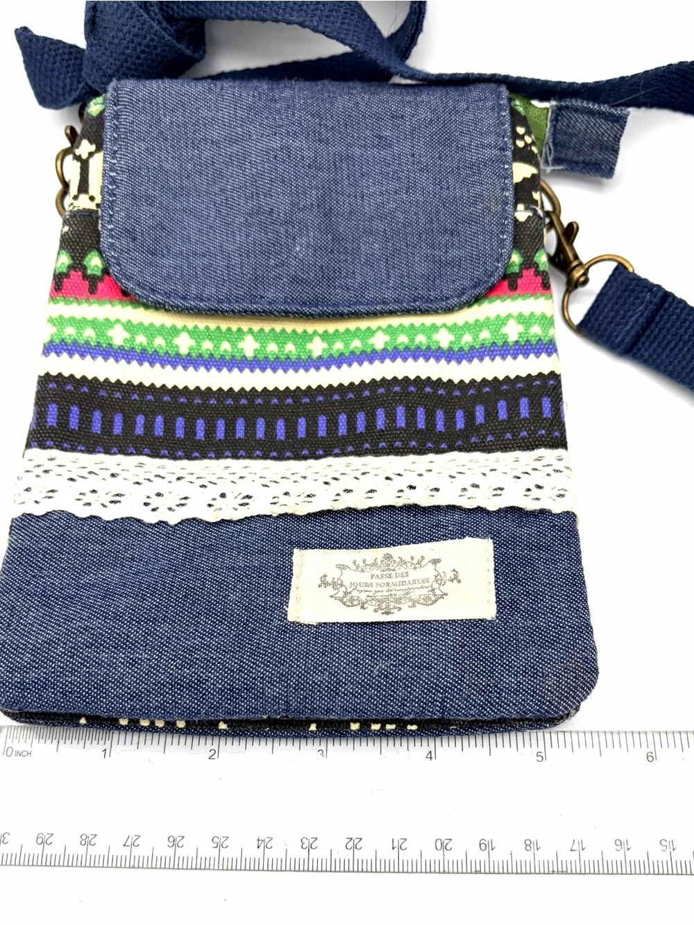 Compact Denim Canvas Crossbody Phone Bag with Bohemian Style Multicolor Trim